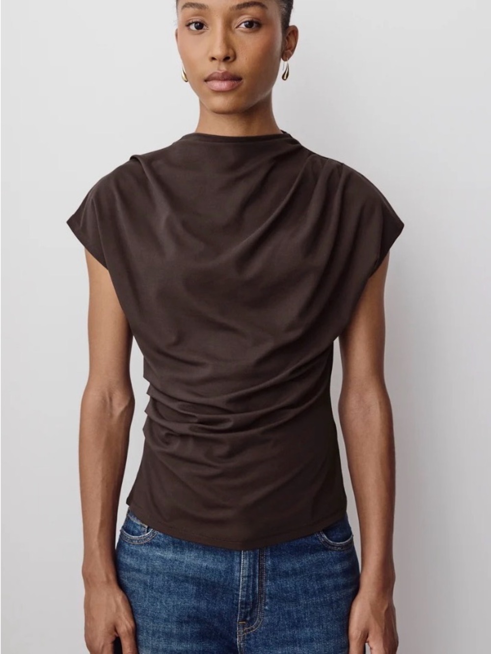 RW&CO. Chocolate Brown Cap-Sleeve Draped Top